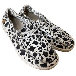 Hey Dude Wendy Milky Way White Black Cow Print Slip On Shoe Womens Sz 11 Cowgirl
